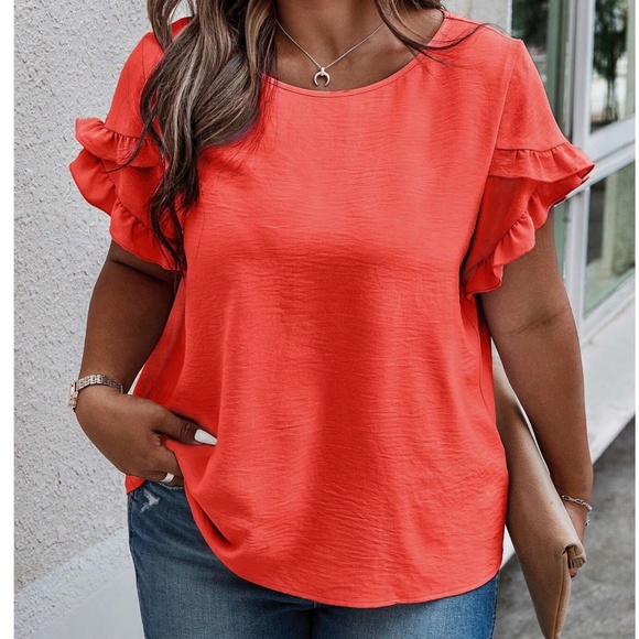 Plus Burgundy Solid Ruffle Petal Short Sleeve Top - Picture 10 of 15